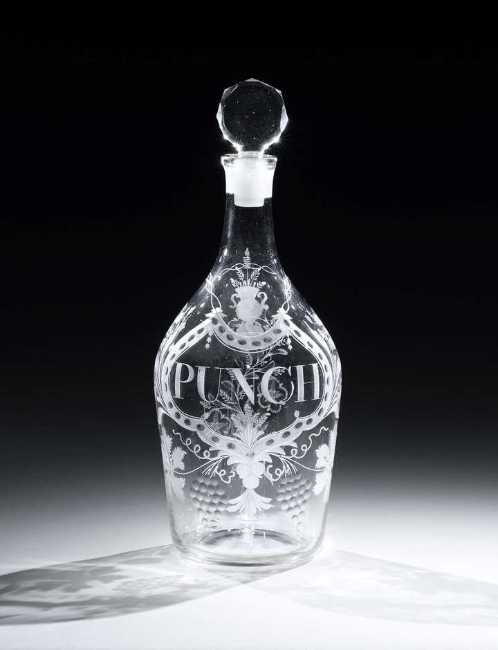 A HUGE GEORGE III ENGRAVED GLASS DECANTER